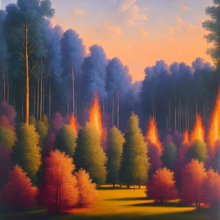 Forest at Dusk: Vibrant Painting of Blue and Orange Trees