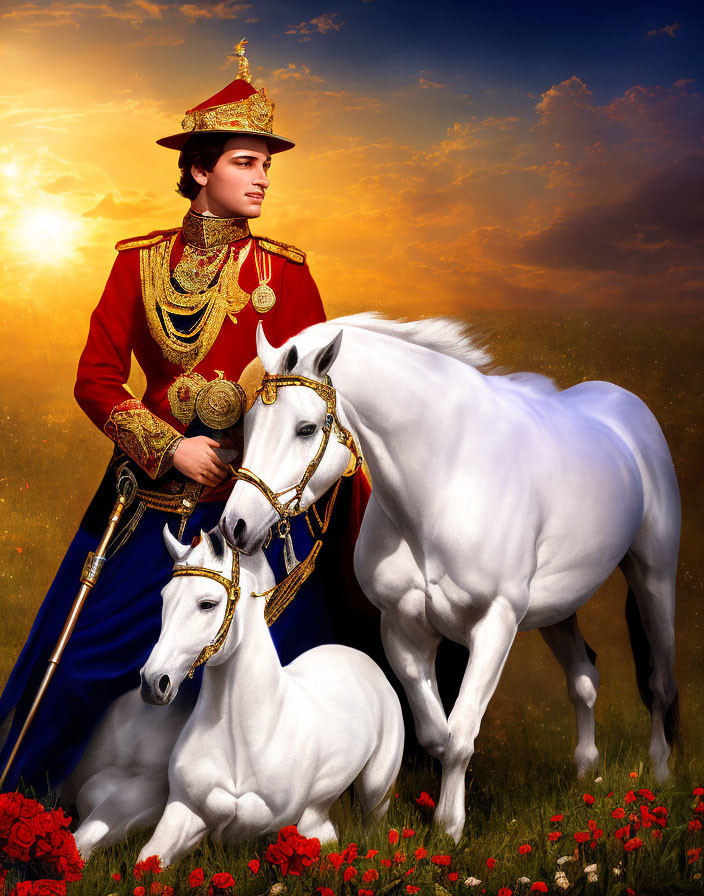 Person in Red Military Uniform with Golden Decorations Beside Two White Horses in Field of Popp