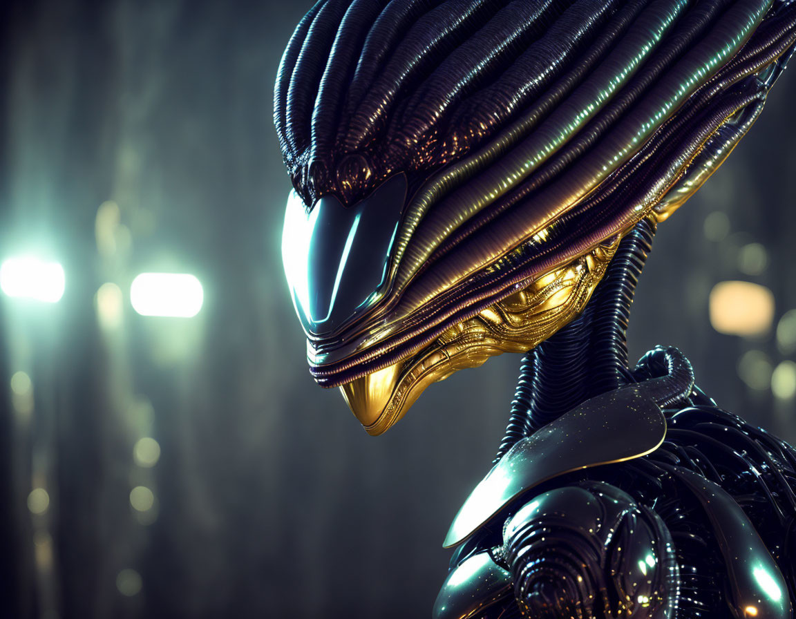 Detailed metallic alien figure with sleek head and biomechanical features in dimly lit setting