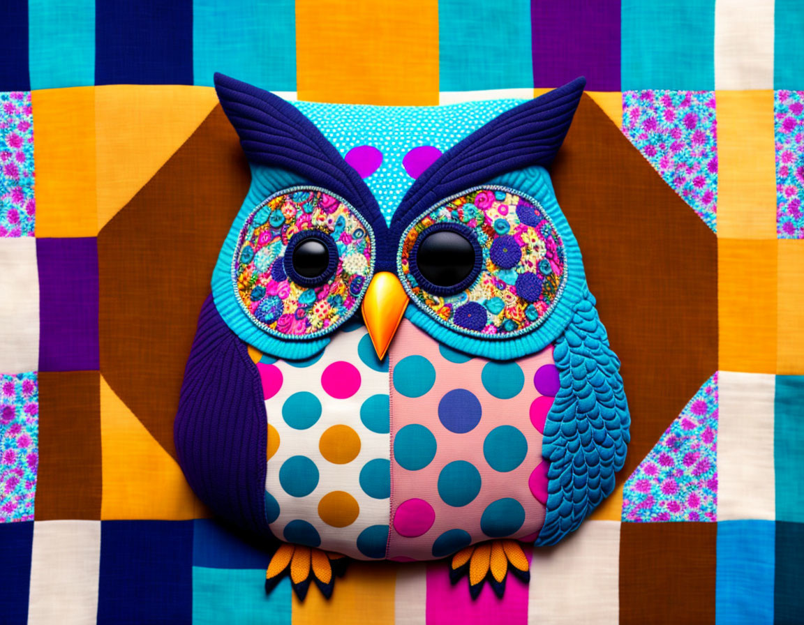 Colorful Owl Cushion on Multi-Colored Quilted Background