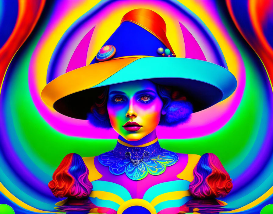 Colorful digital artwork of woman in abstract clothing and hat on vibrant background