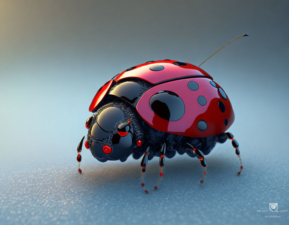 Detailed 3D Rendering of Red and Black Ladybug on Blue Background