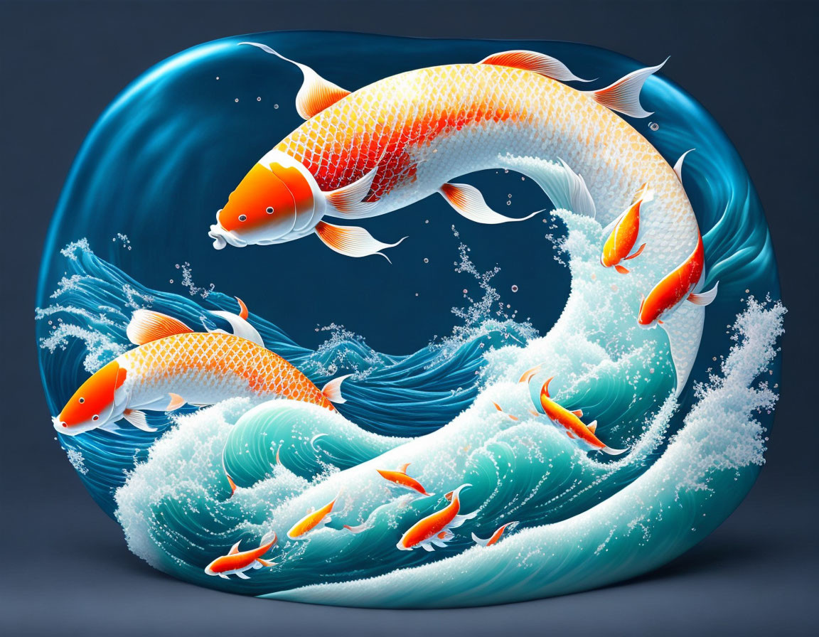 Vibrant stylized artwork: Colorful koi fish in swirling wave