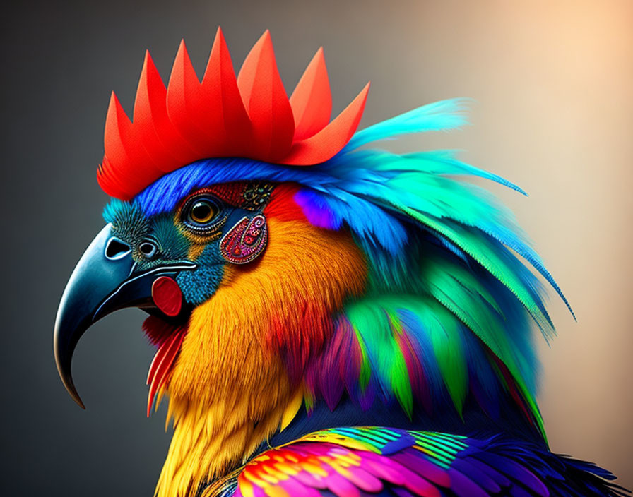 Colorful Bird Artwork with Rooster-Like Features and Rainbow Palette