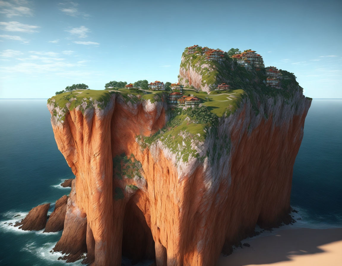 Digitally created cliff-side seaside village on towering orange rock formation