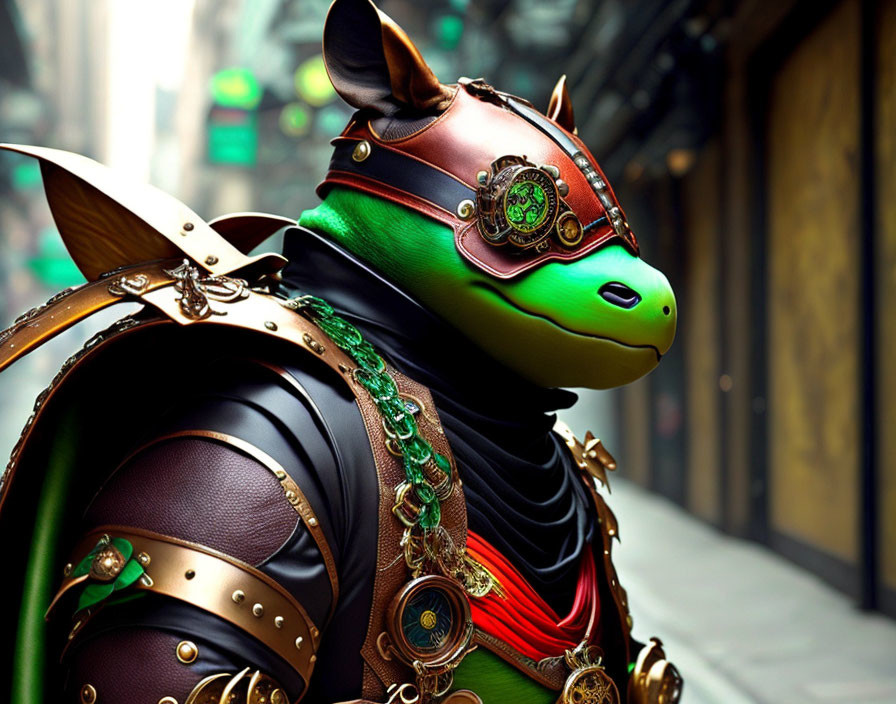 Steampunk-inspired humanoid turtle character in detailed armor.