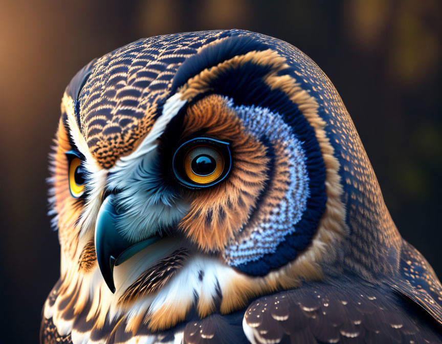 Majestic owl with orange eyes and detailed feathers in warm lighting