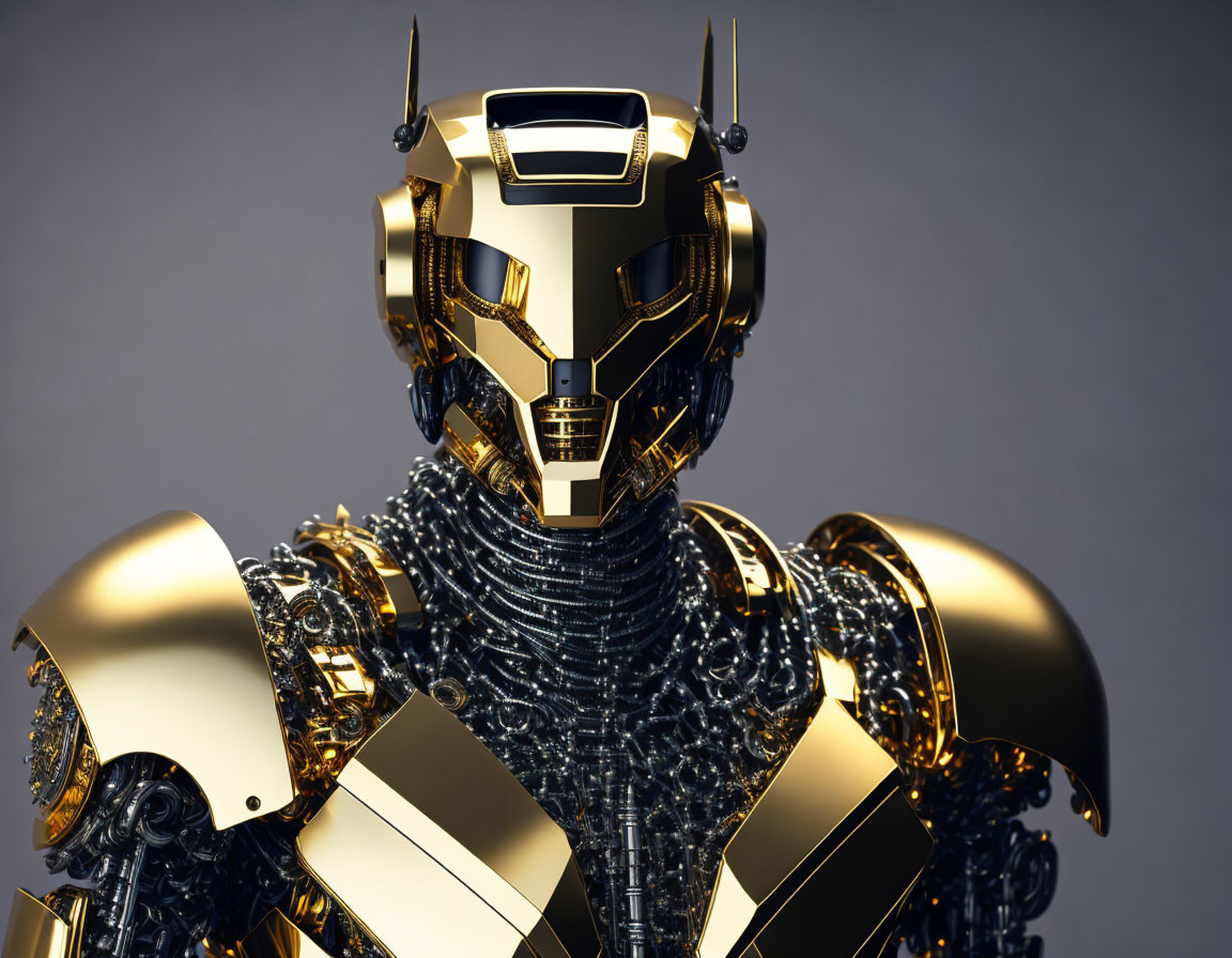 Detailed Robot Image with Gold and Black Helmet and Armor