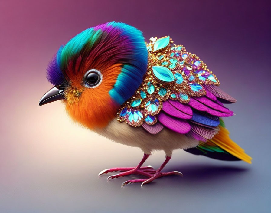 Colorful Stylized Bird with Jeweled Embellishments on Purple Gradient