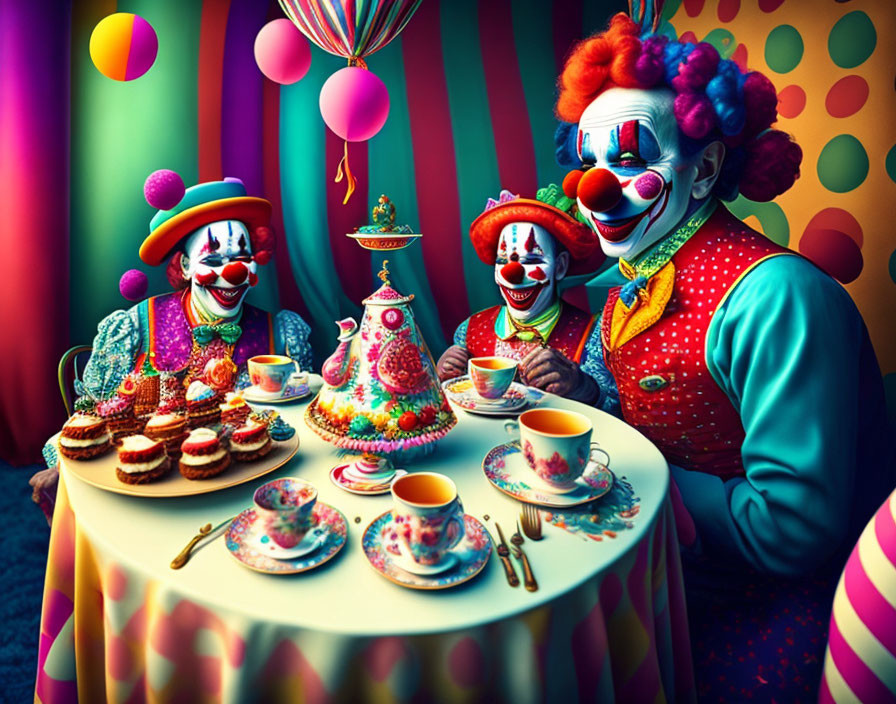 Colorful Clowns Enjoy Tea Party in Vibrant Circus-themed Room