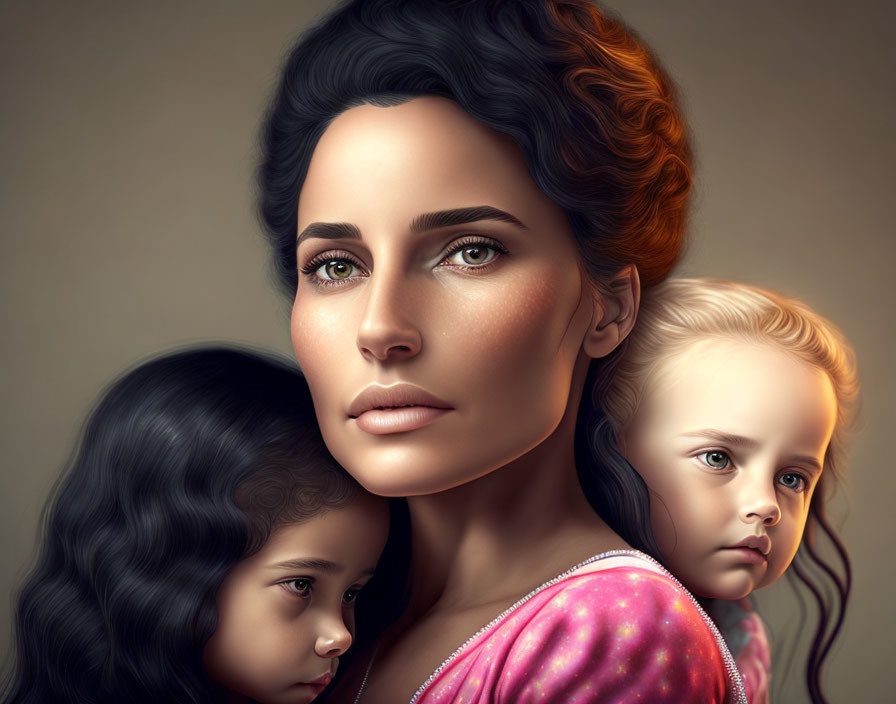 Digital Portrait of Woman and Two Girls with Dark and Blonde Hair