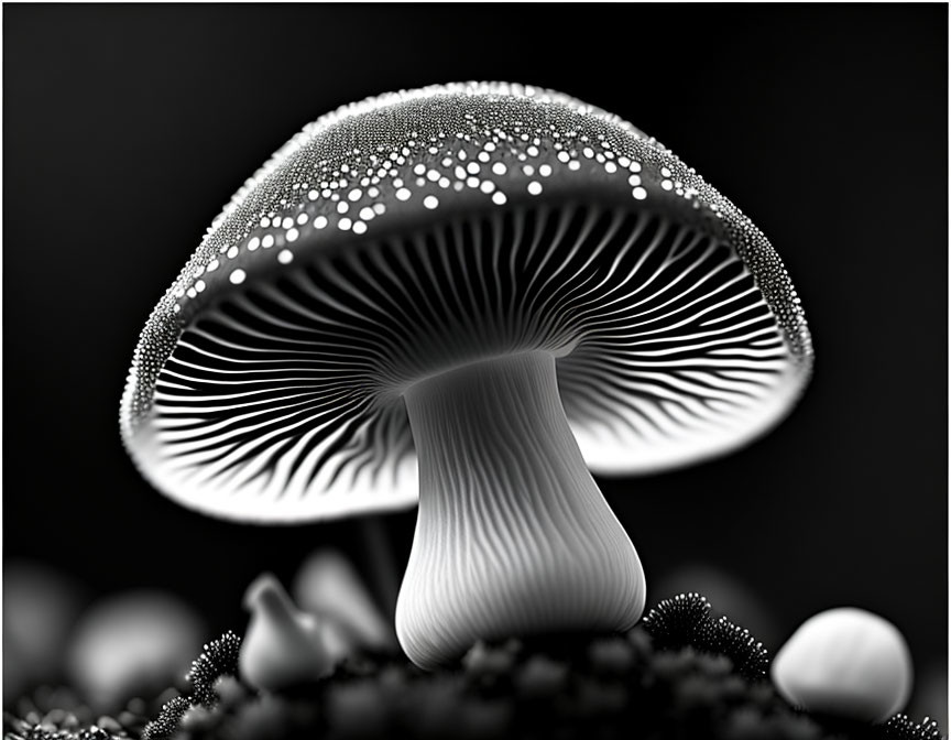 Monochromatic mushroom with intricate gill patterns and water droplets on cap