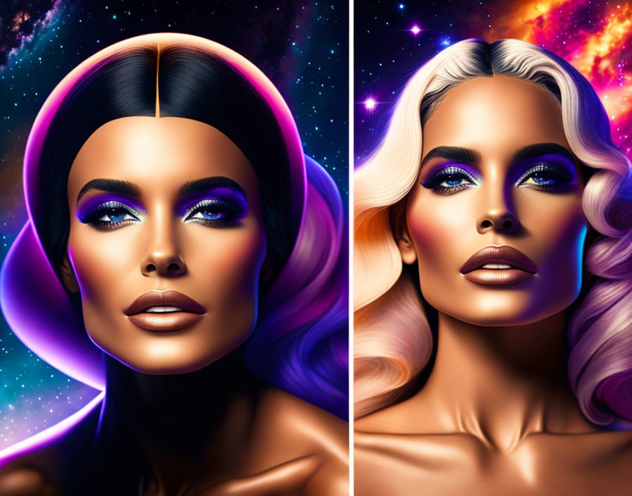 Cosmic-themed makeup on two women with black and blonde hair