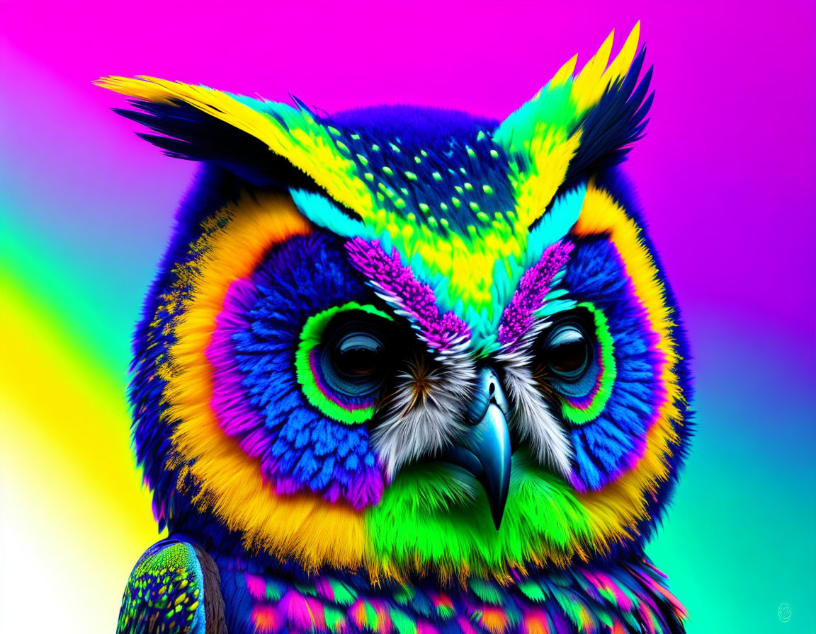 Colorful Owl Artwork with Psychedelic Feathers on Gradient Background