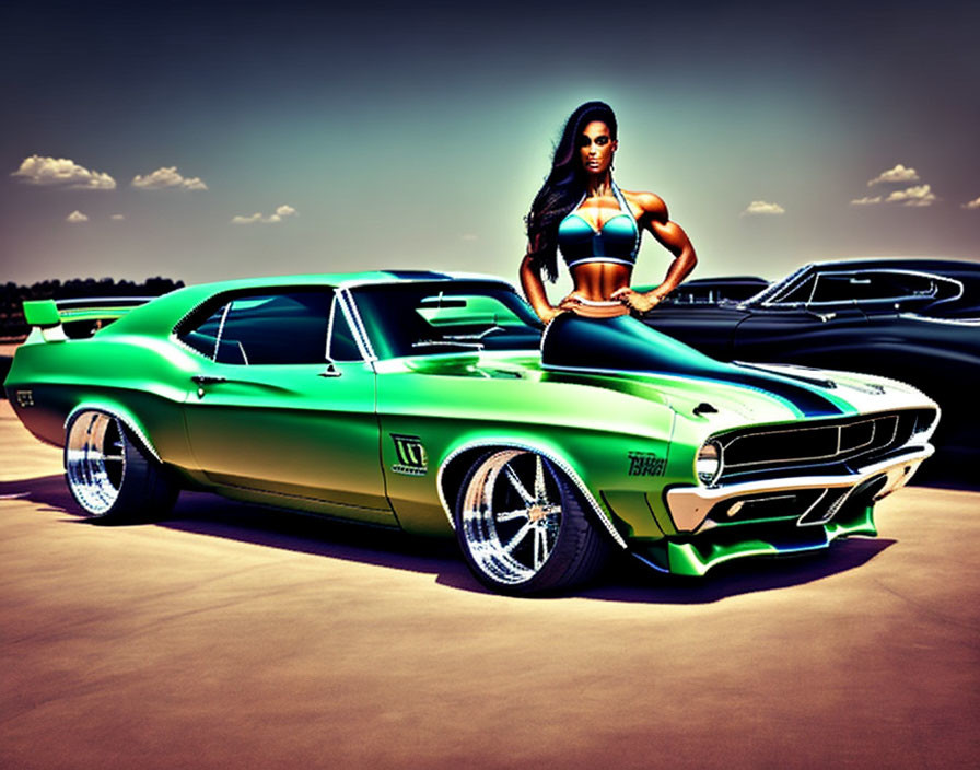 Person next to green muscle car with white-wall tires under purple sky