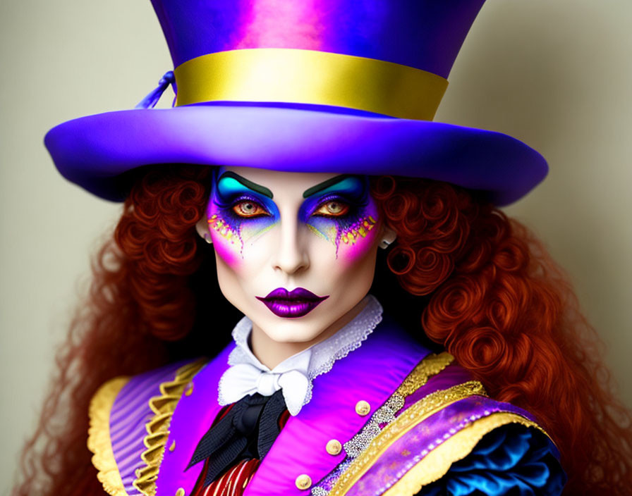 Person in Vibrant Theatrical Makeup and Costume with Large Top Hat