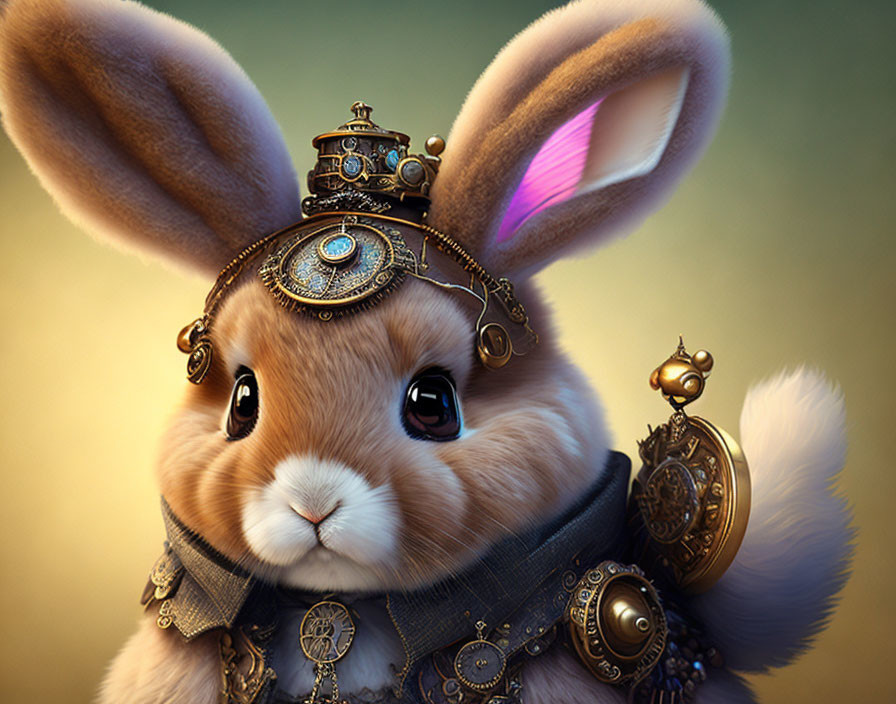 Steampunk-style bunny with mechanical gears and ornaments on head in digital art