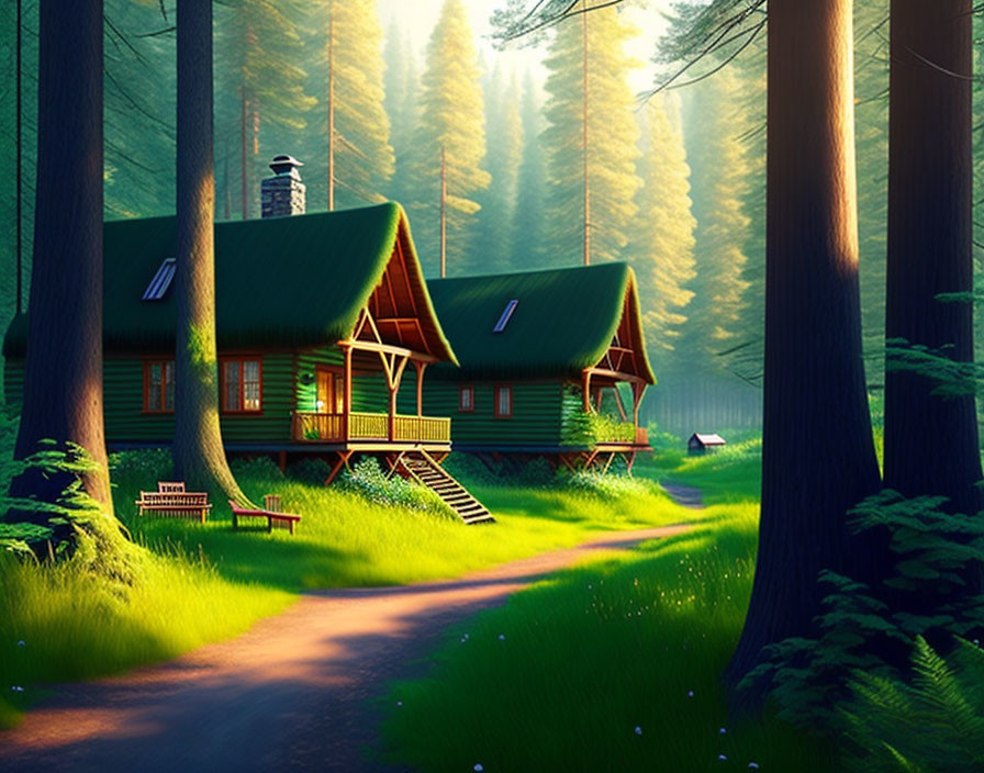 Tranquil forest scene with two cabins under morning sunlight