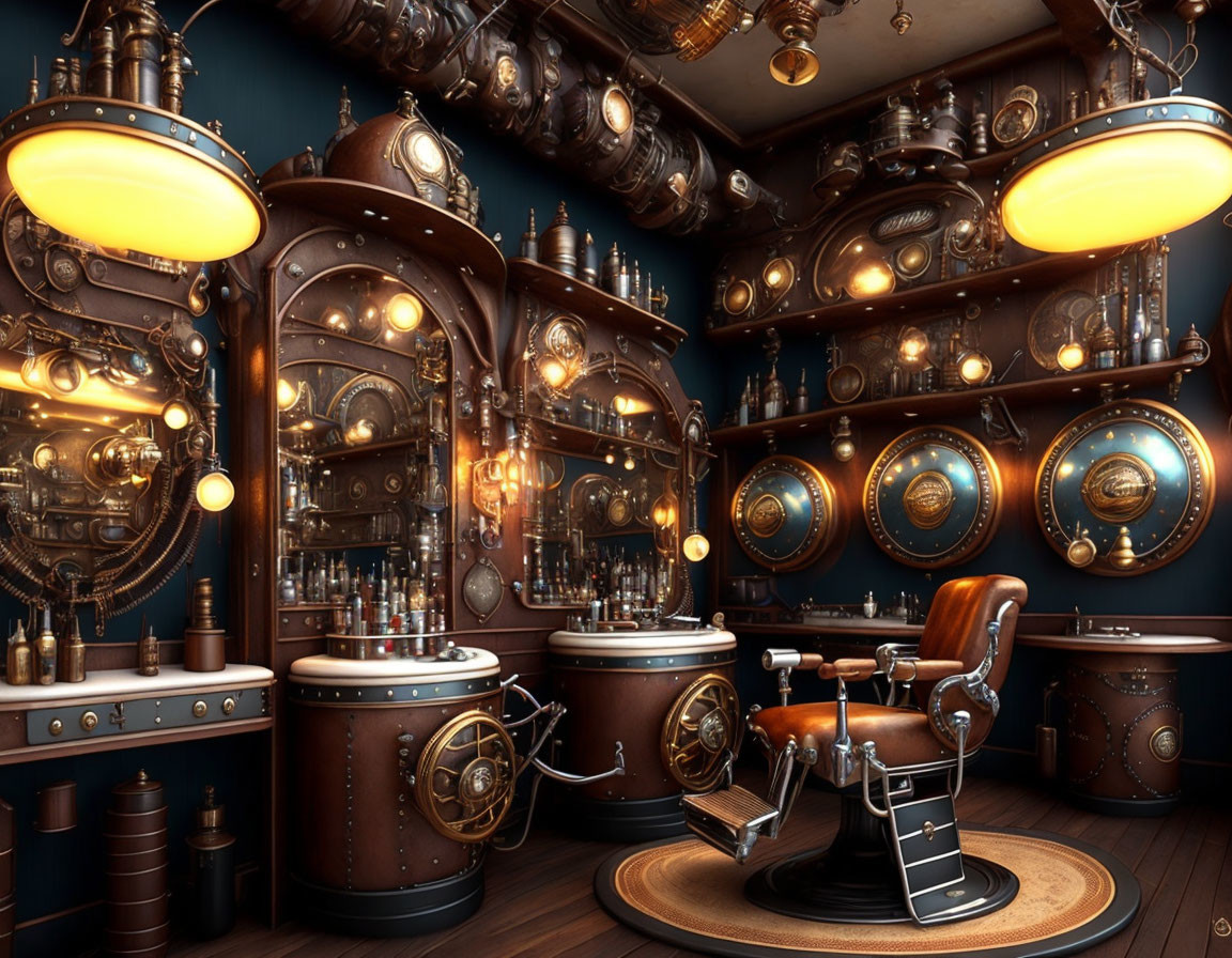 Steampunk-style interior with brass piping, gear walls, gauges, and barber chair.