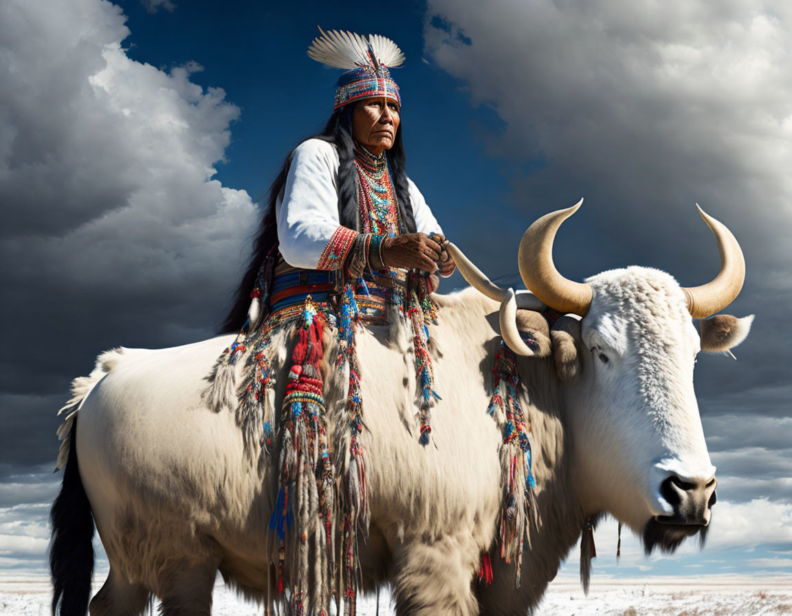 Indigenous person in traditional attire riding white bovine under dramatic sky