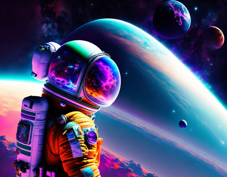 Colorful Astronaut in Surreal Cosmic Scene with Planets and Stars