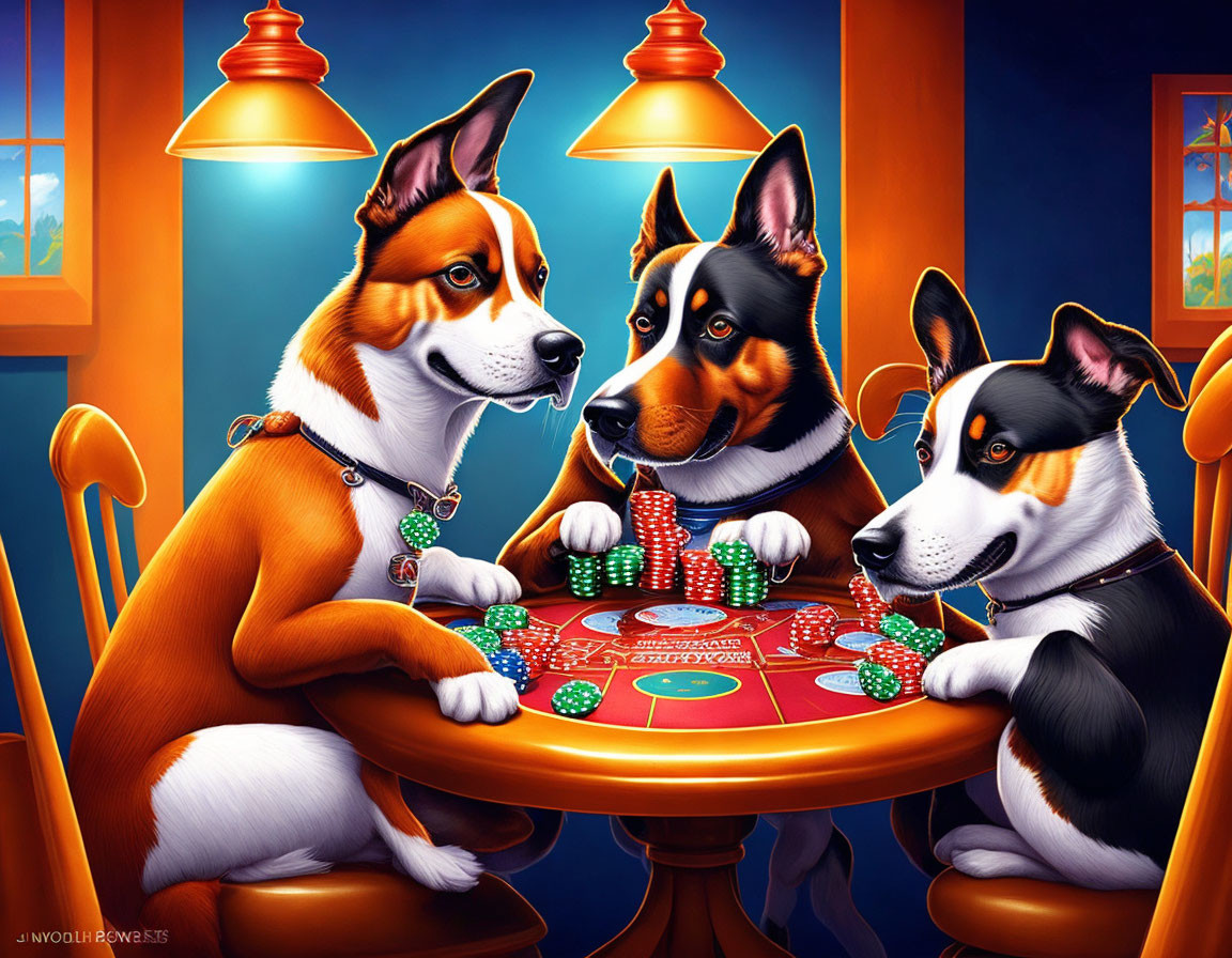 Animated dogs playing poker under pendant lights in a room with a window