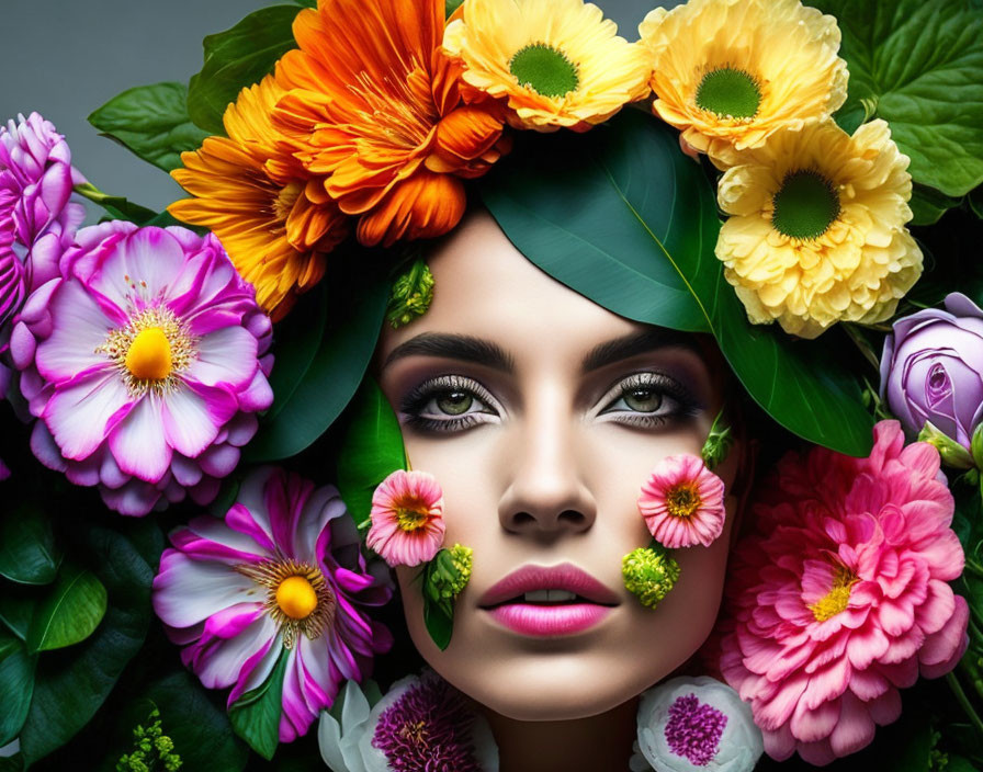 Woman's Face Adorned with Vibrant Flowers in Various Colors and Sizes