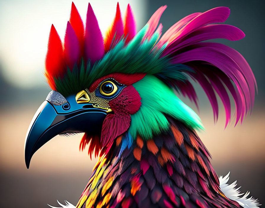 Colorful Bird Illustration with Rainbow Crest and Sharp Beak