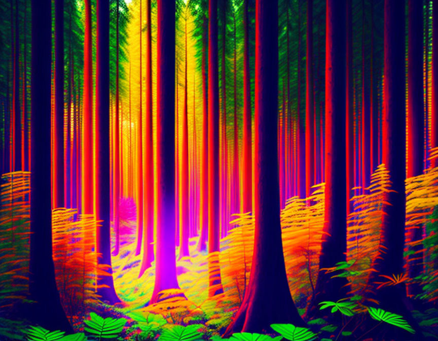 Colorful Neon Forest with Purple, Orange, and Yellow Hues