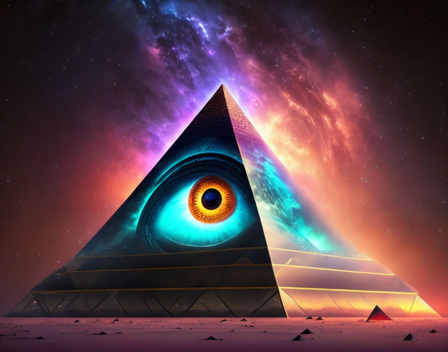 Illuminated pyramid with cosmic eye in surreal sky