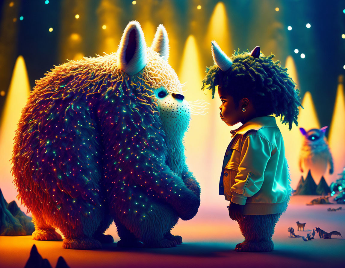 Child in jacket faces colorful illuminated fantasy creature with glowing lights and mystical backdrop.