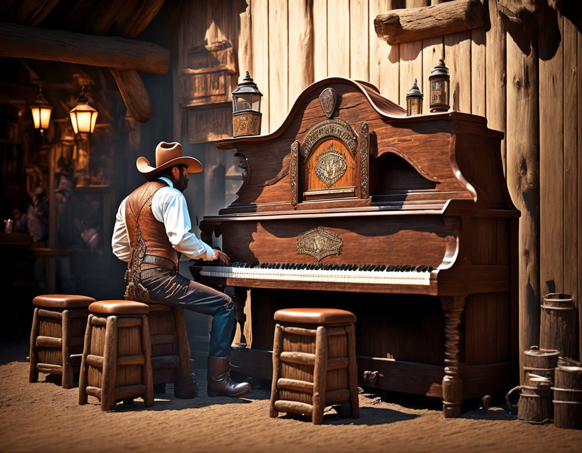 Cowboy playing ornate wooden piano outdoors