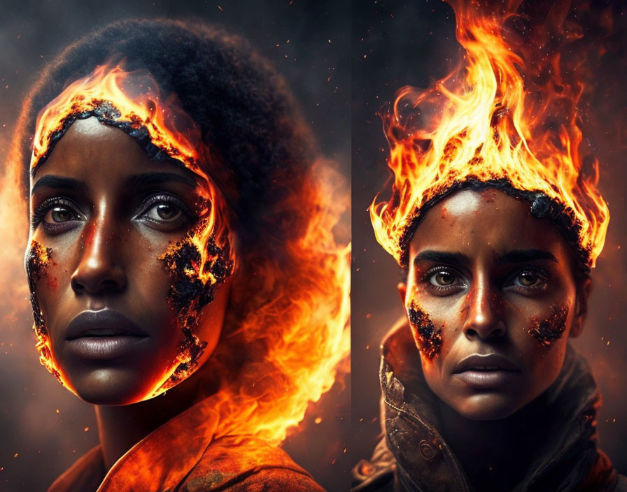 Split-image of woman: calm side with embers, other engulfed in flames, fierce expressions.