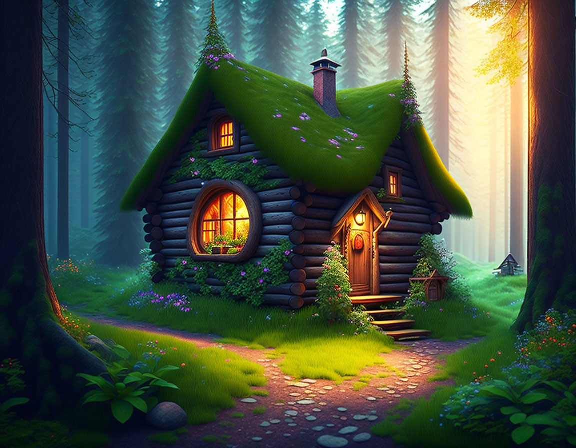 Fairytale cottage with moss-covered roof in magical forest at dusk