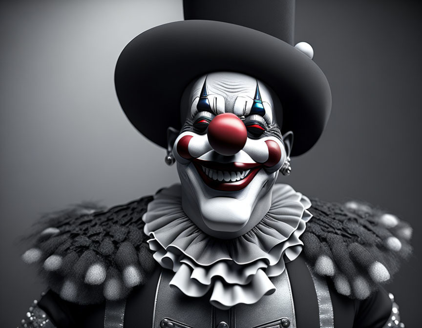 Smiling clown with white face makeup and red nose in 3D render