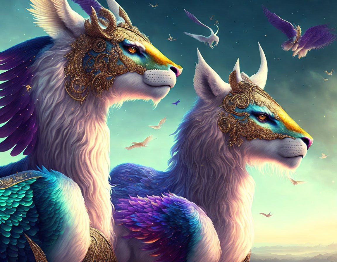 Mythical llama-bodied creatures with bird wings and golden masks under twilight sky