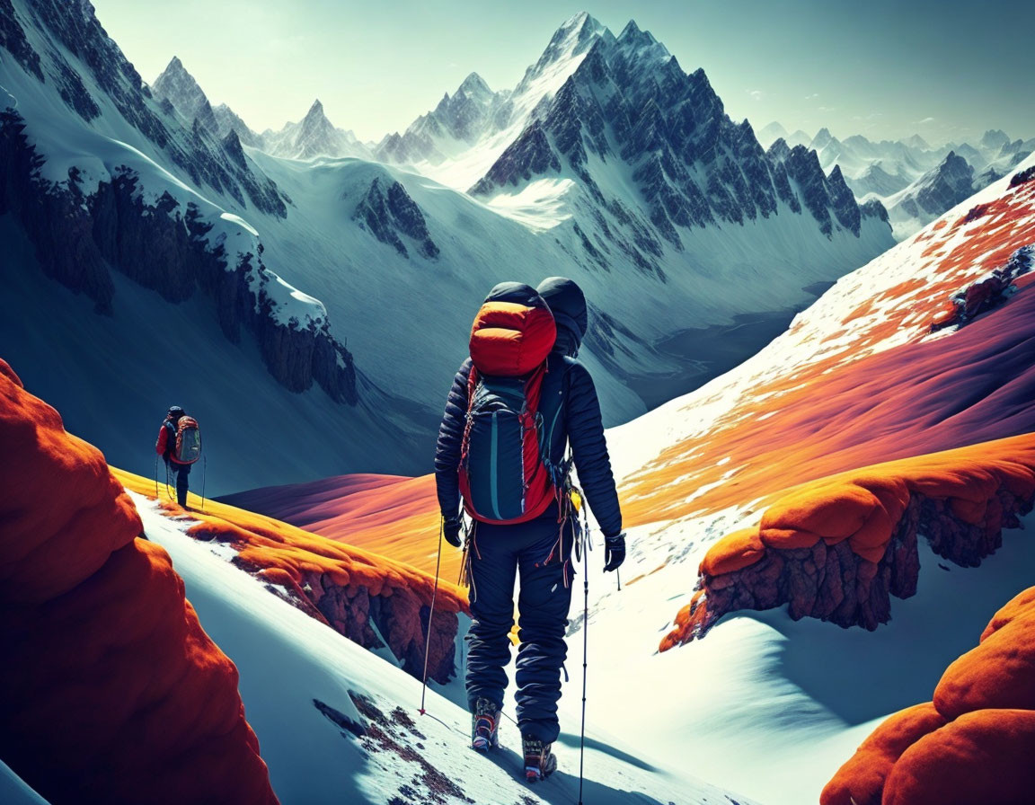 Hikers with backpacks trekking in surreal snowy mountain landscape