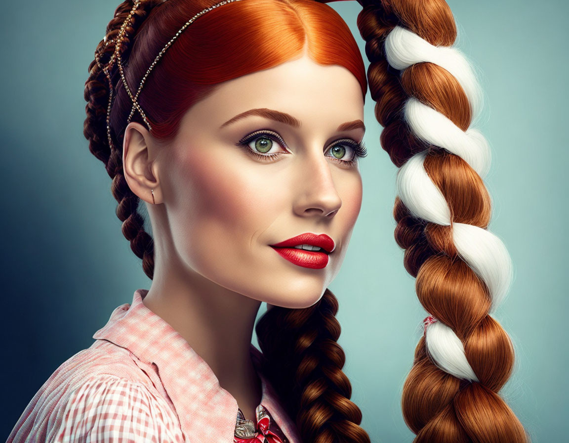 Woman with Intricate Braided Red Hair and Green Eyes in Pink Checked Outfit on Blue Background