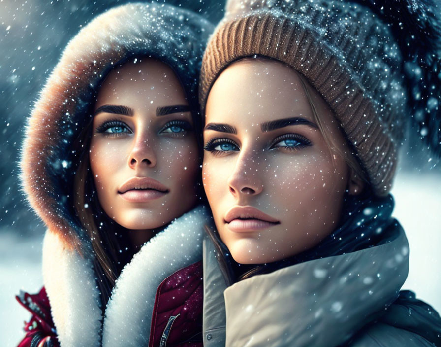 Two Women in Winter Clothing with Clear Blue Eyes in Snowfall