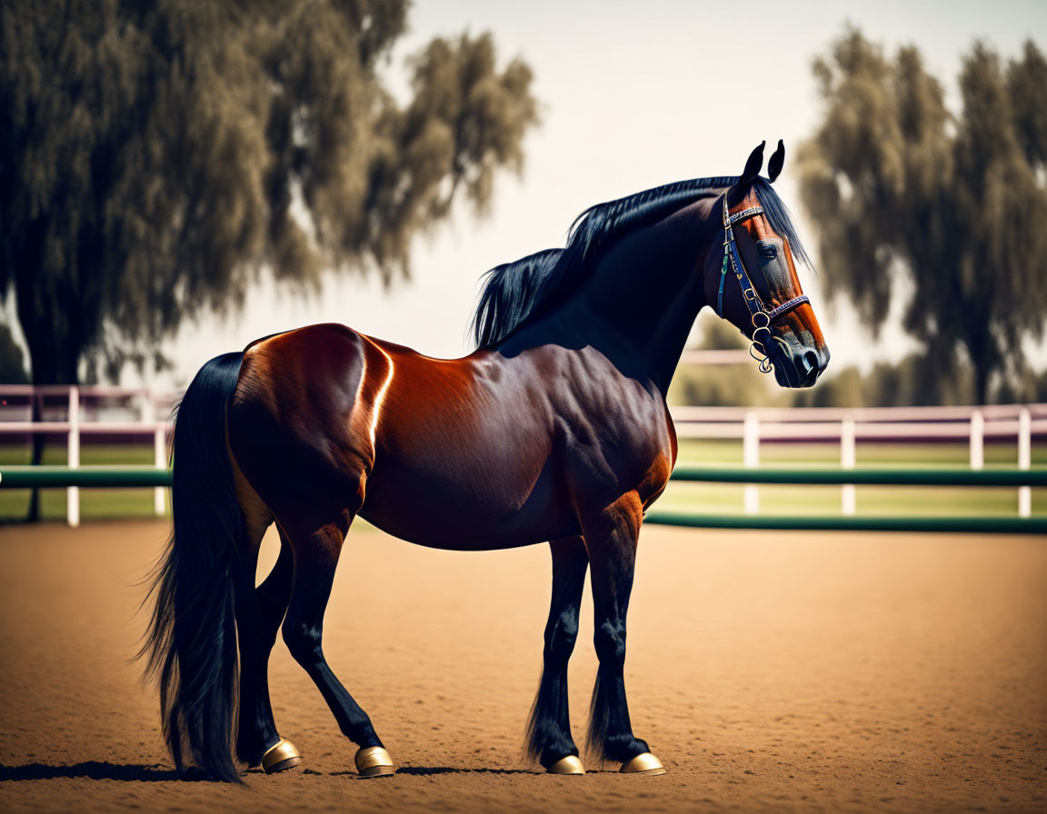 Brown horse with shiny coat and black mane in sandy arena with trees.