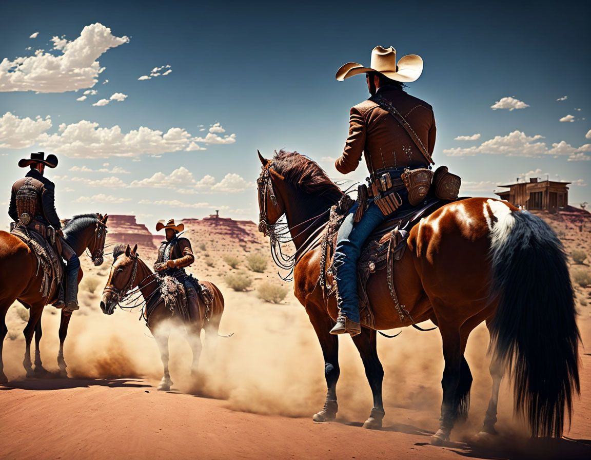 Cowboys on horses in dusty desert with clear blue skies