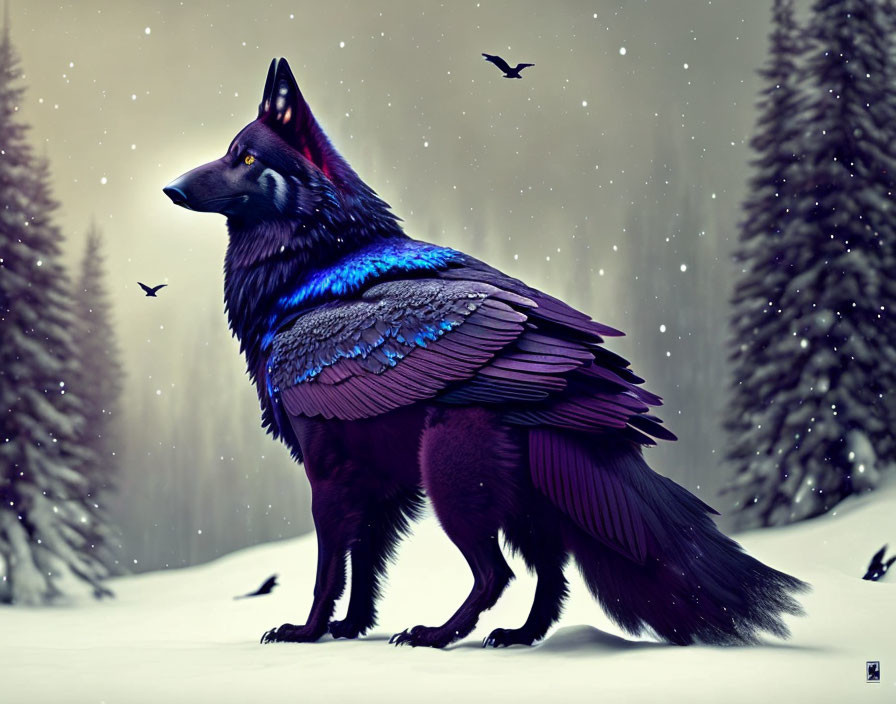 Majestic wolf with blue-purple feathers in snowy forest clearing