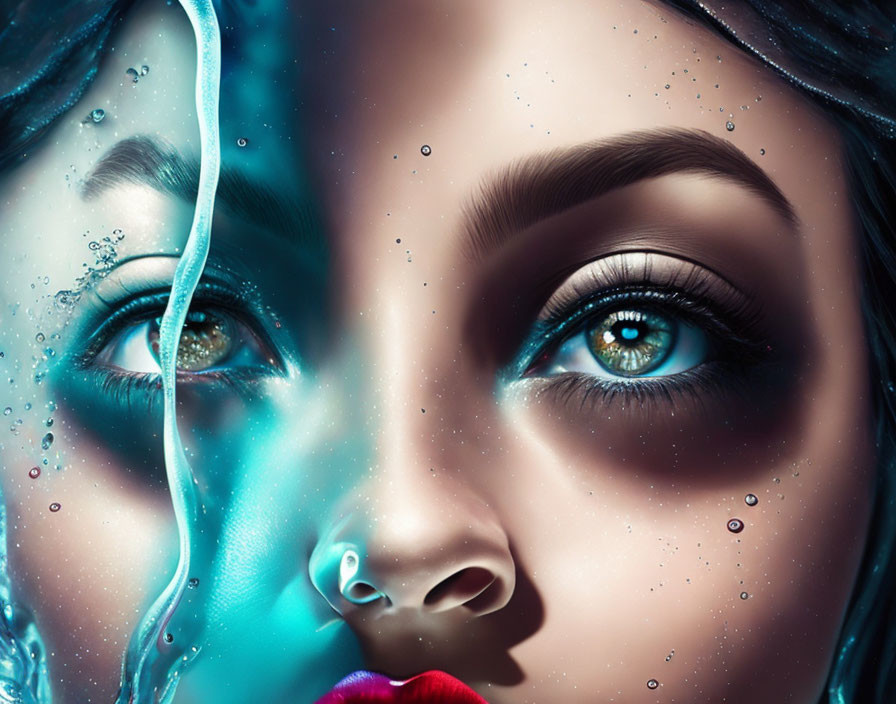 Close-up digital artwork: Woman's face with blue eyes, water droplets, red lips.