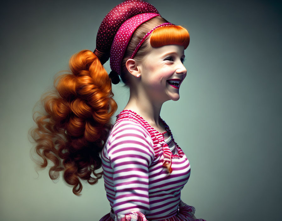 Red-haired girl in polka-dot headscarf and striped shirt laughing on gray background