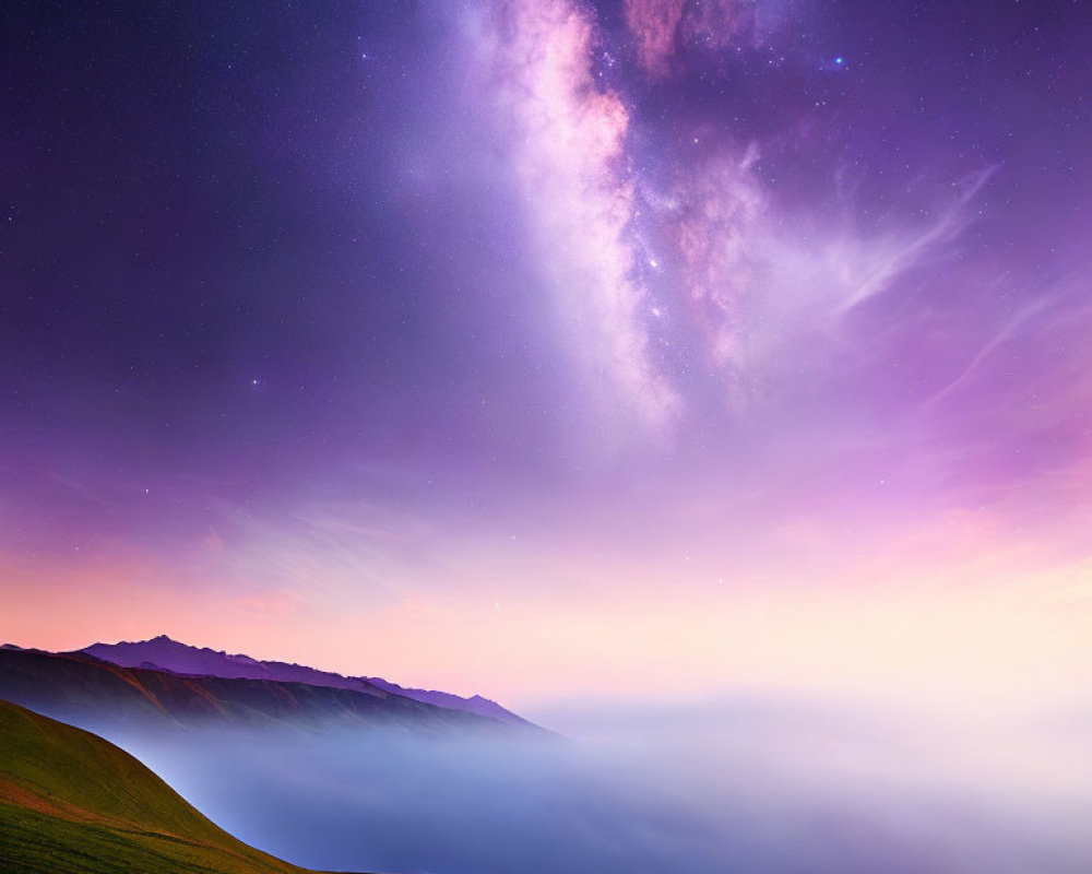 Starry night sky over hills, Milky Way, and distant mountains