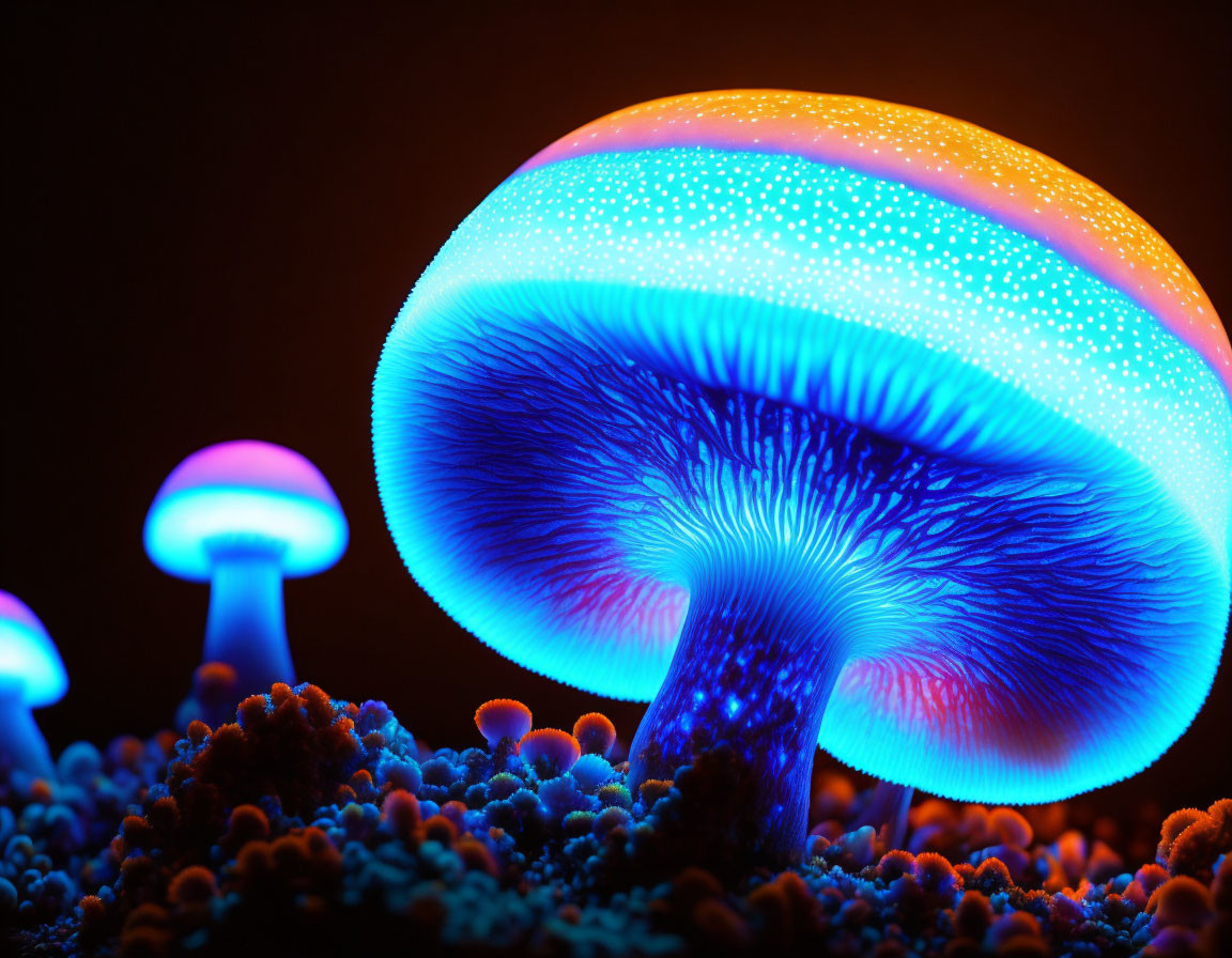 Blue and Orange Bioluminescent Mushrooms with Intricate Gill Patterns