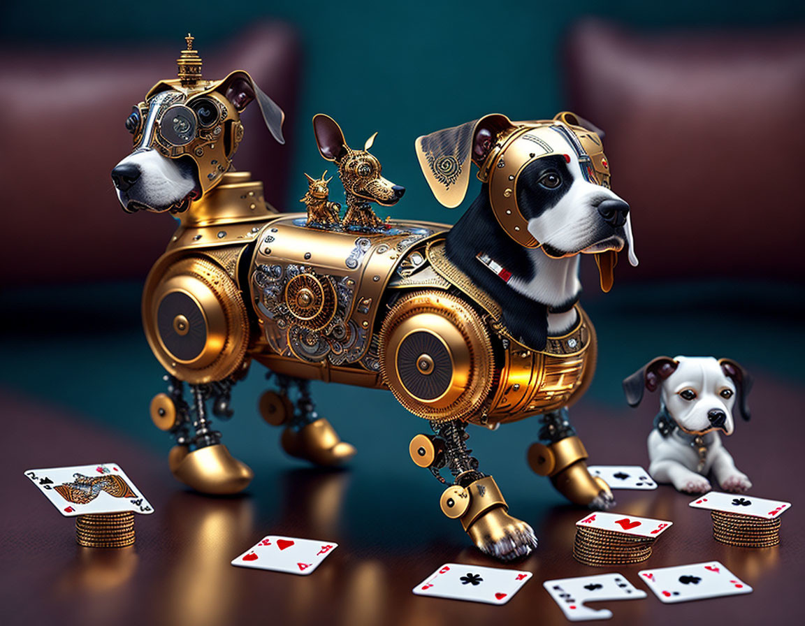 Steampunk robotic dogs with gears and mechanical details alongside playing cards and a puppy