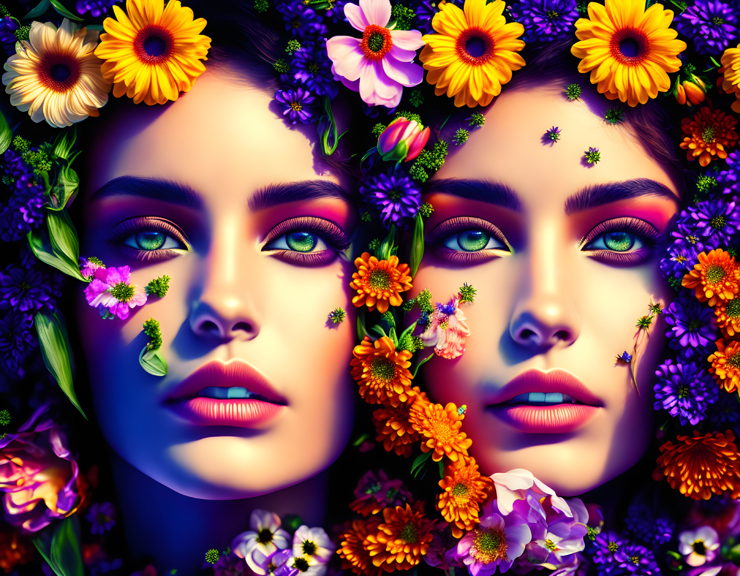 Symmetrical artistic composition with colorful flower-adorned faces