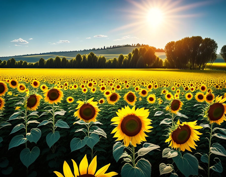 Sunny sky over vast sunflower field with trees on horizon