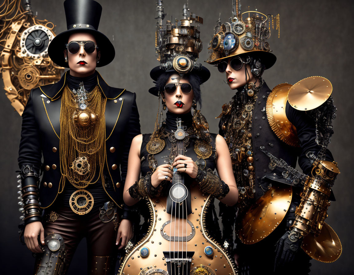 Three individuals in steampunk costumes with cog and gear accessories against a dark backdrop